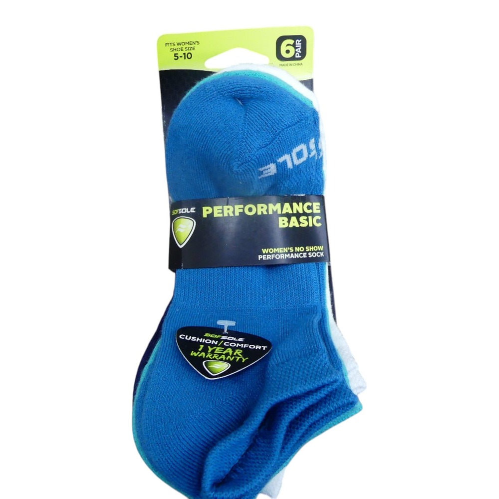 Sof Sole No Show Socks Womens 5-10 Blue Teal Grey 6 Pair NWT Performance Basic